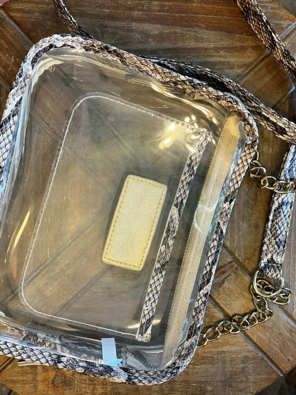 Clear see through stadium bag snake skin print hand bag purse.